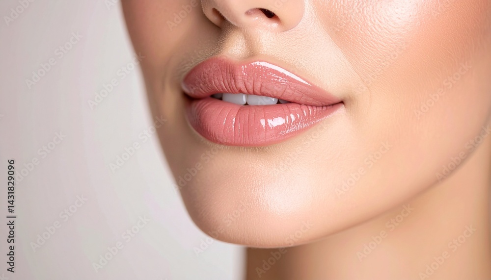 Beauty macro photo of full lips with clear gloss on a neutral background Beauty macro photo of full lips with clear gloss on a neutral background