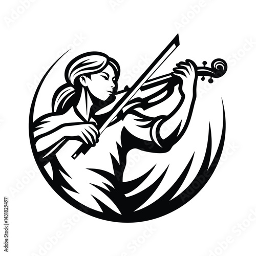 Monochromatic Elegant Woman Playing Violin Silhouette within Circular Design Element