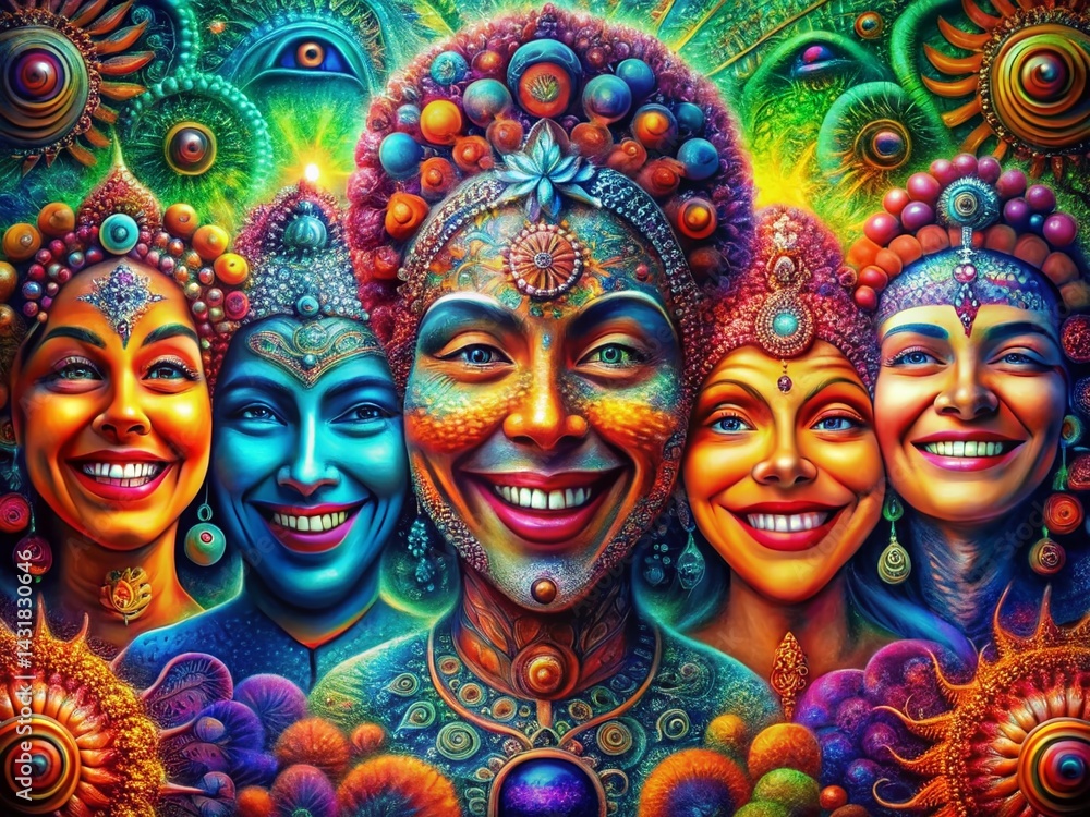 Psychedelic Smiling Faces: High-Resolution DMT Art Stock Photo Psychedelic Smiling Faces: High-Resolution DMT Art Stock Photo