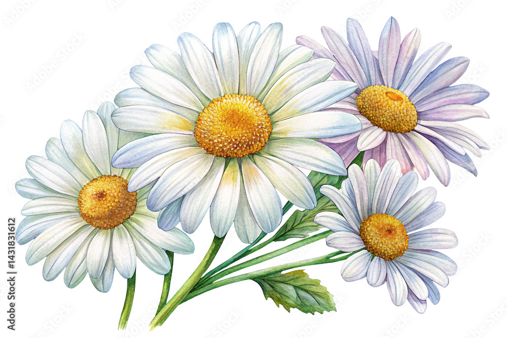 Fototapeta premium Watercolor Illustration of a Bouquet of White Daisies on Trensprent Background png