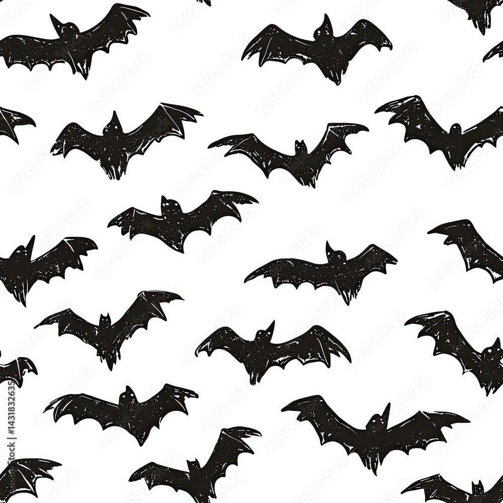 Naklejka premium Spooky Halloween Bats Seamless Pattern Design Black and White Illustration for Festive Decorations