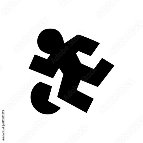 Silhouette of a running figure with geometric shapes and a partial circle on a white background art