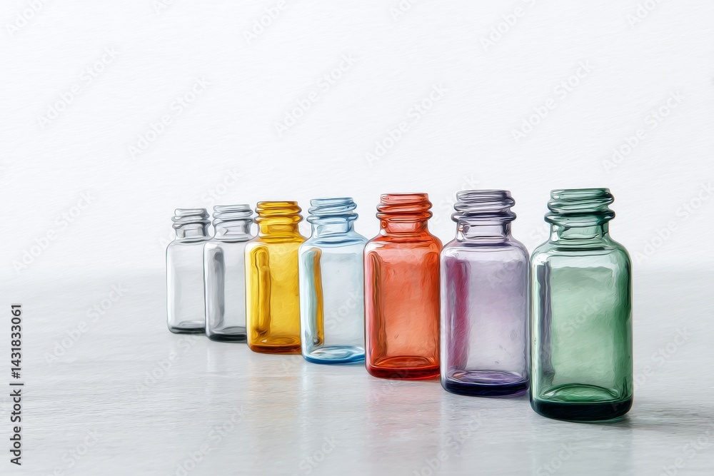 Colorful Glass Bottles Collection - A row of small, colorful glass bottles on a light gray surface. Perfect for essential oils, perfumes, or other liquids Colorful Glass Bottles Collection - A row of small, colorful glass bottles on a light gray surface. Perfect for essential oils, perfumes, or other liquids