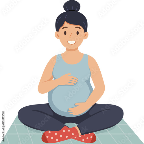 Pregnant woman prenatal yoga concept. Illustration in flat cute cartoon style. Health, care, pregnancy design