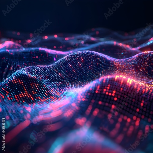 A futuristic abstract scene with glowing data waves, binary code, and dark background contrast