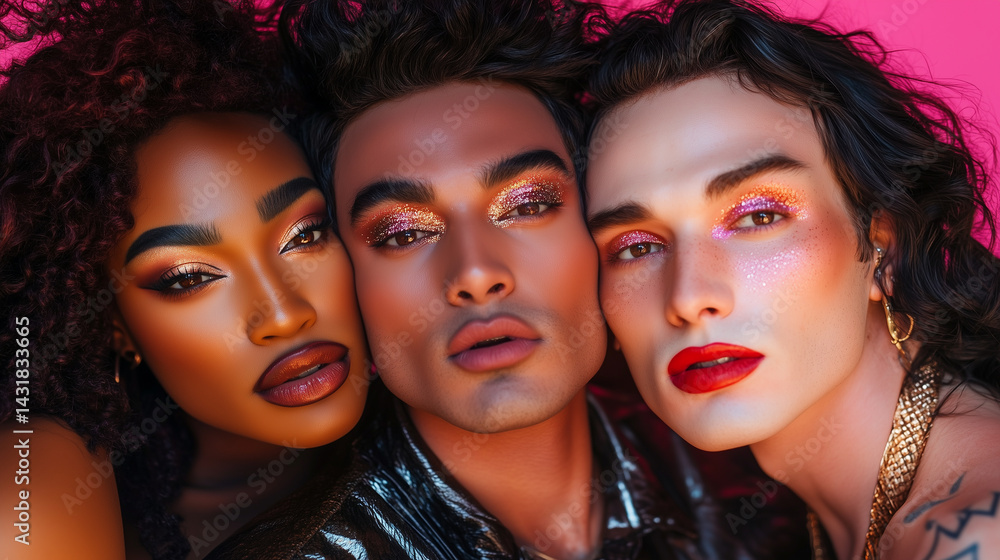3 curvy male transgenders wearing make up, the have a different ethnic background, posing for an Instagram selfie with glittery eyeshadow and lipstick. He has medium long hair. 3 curvy male transgenders wearing make up, the have a different ethnic background, posing for an Instagram selfie with glittery eyeshadow and lipstick. He has medium long hair.