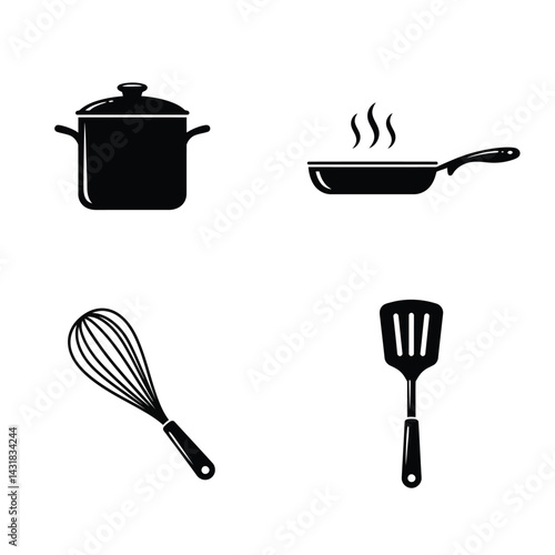 Set collections iron frying pan black silhouette icon. kitchen utensils design vector illustration