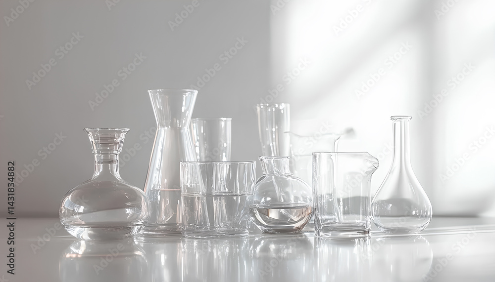Laboratory glassware on a mirror surface on a light background Laboratory glassware on a mirror surface on a light background