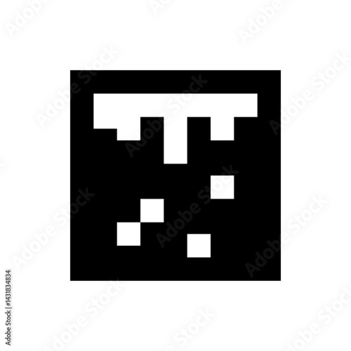 Black square with white pixelated drips and scattered pixels creating a digital abstract design