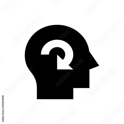 Black head silhouette with a white curved arrow inside, pointing downward, representing thought process