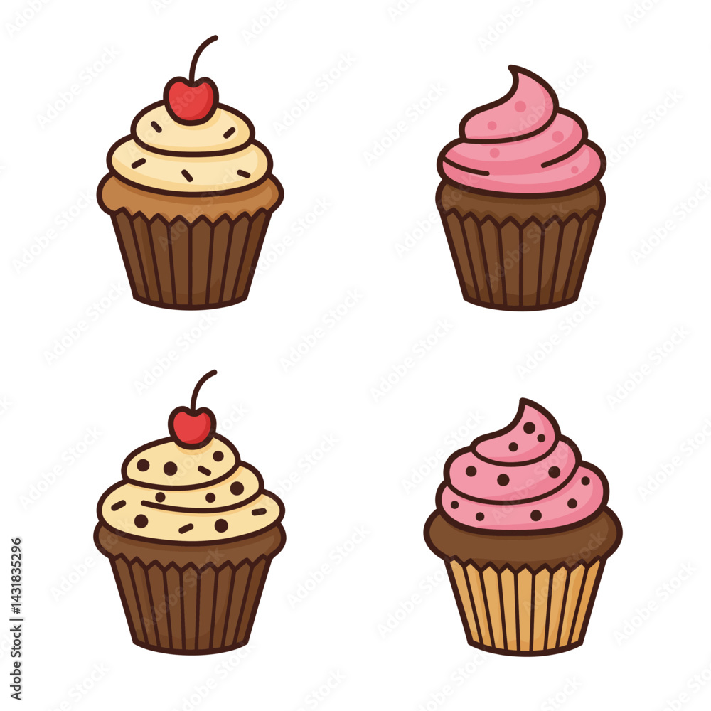 Different cartoon cupcakes set. Delicious muffins collection. Cupcake with chocolate, pink cream, cherry, strawberry Different cartoon cupcakes set. Delicious muffins collection. Cupcake with chocolate, pink cream, cherry, strawberry
