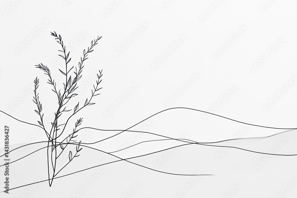 Simple line art of plant and hills Simple line art of plant and hills