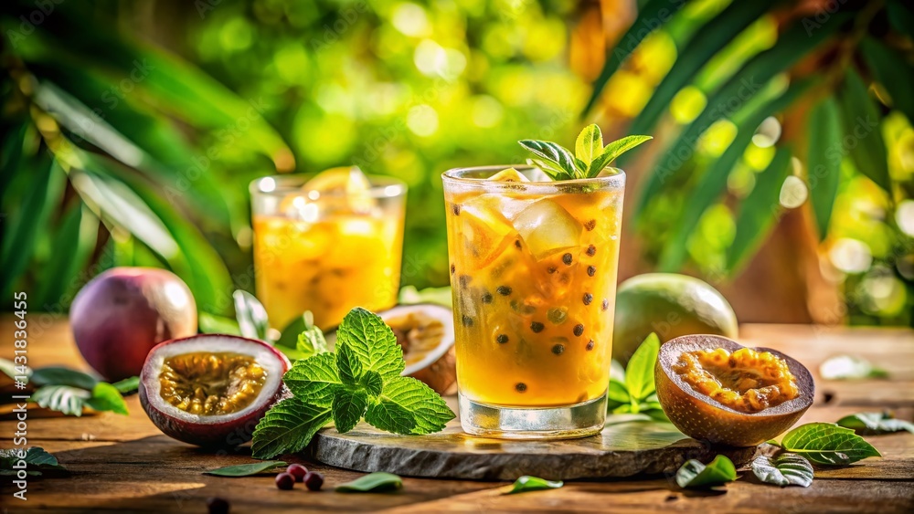 Fototapeta premium Refreshing Iced Passion Fruit Drink: Summer Tropical Beverage Photography