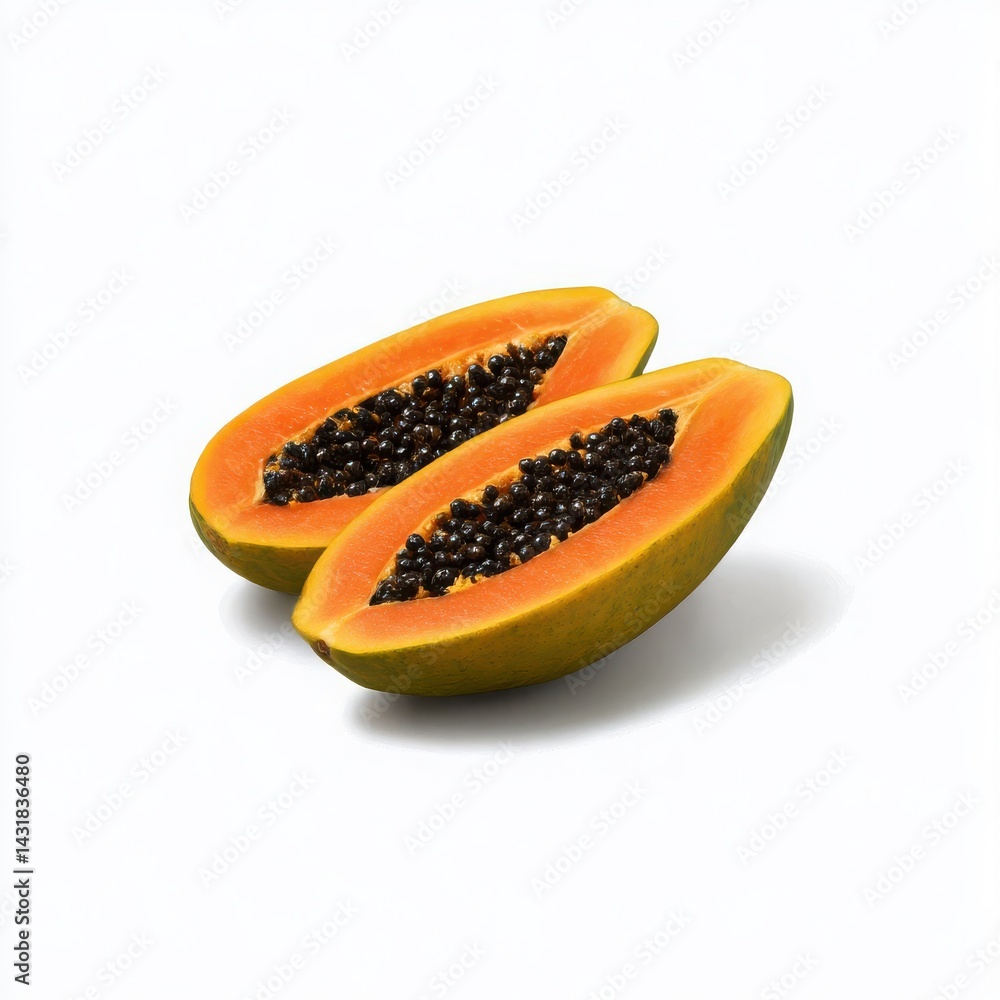 Halved papaya fruit halves isolated on white background Halved papaya fruit halves isolated on white background