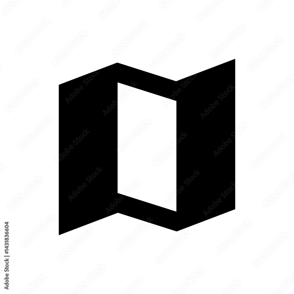 Black and white abstract geometric shape with a central opening and angled side panels design element Black and white abstract geometric shape with a central opening and angled side panels design element