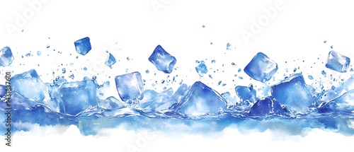Watercolor illustration of ice cubes splashing in water, isolated on white