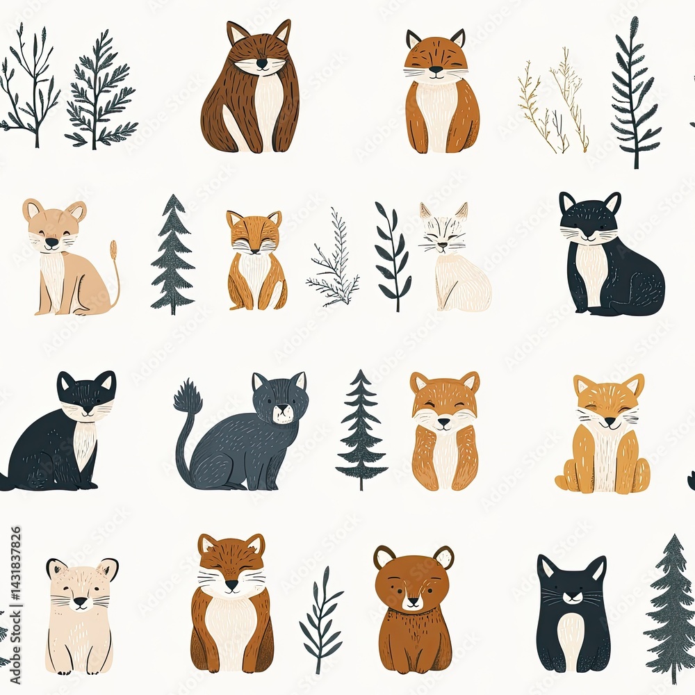 Naklejka premium Adorable Woodland Creatures Seamless Pattern: Cute Foxes, Cats, and Bears in a Winter Wonderland Design