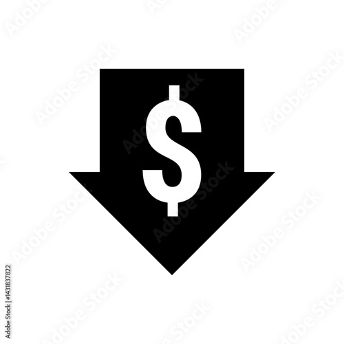 Black downward arrow containing a white dollar sign indicating price reduction and financial loss
