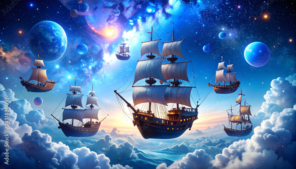 Naklejka premium A captivating, surreal scene depicting whimsical pirate ships soaring through a magical sky, with vibrant colors and dreamlike elements, evoking a sense of adventure and fantasy.