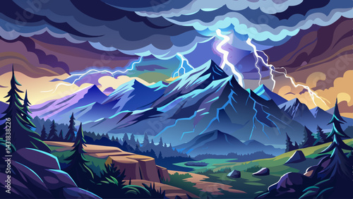 Lightning bolts strike across mountain ridges under dramatic storm clouds, capturing the power and beauty of nature during a thunderstorm over a forested landscape