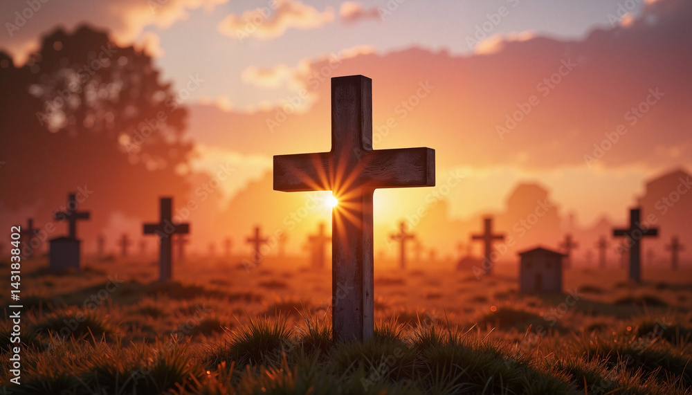 Weathered cross at sunset in graveyard, symbol of remembrance Weathered cross at sunset in graveyard, symbol of remembrance
