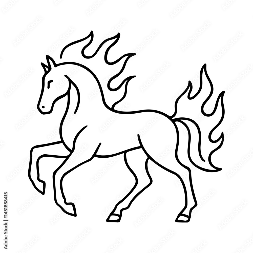 Black and white line art of a fantasy horse with flames for mane and tail, symbolizing power and mythology. Vector illustration Black and white line art of a fantasy horse with flames for mane and tail, symbolizing power and mythology. Vector illustration