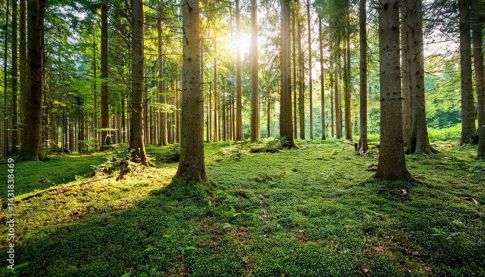 Obraz premium lush green forest filled with tall trees and bright sunlight