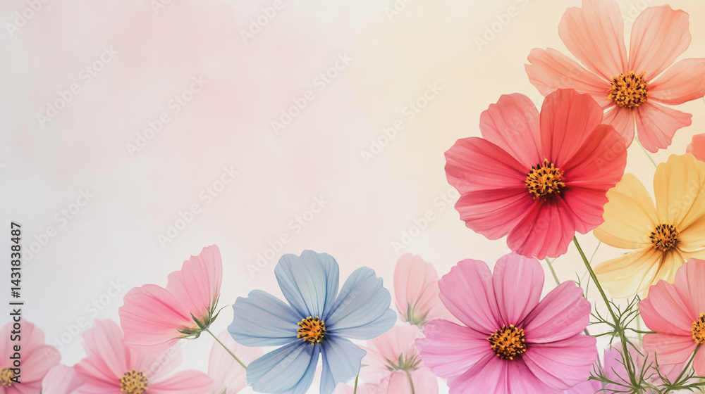 Naklejka premium Elegant wedding invitation card background . Minimal hand painted watercolor Cosmos flowers texture template background. Design for wedding, vip cover, poster, rsvp moderncard.Valentine's Day