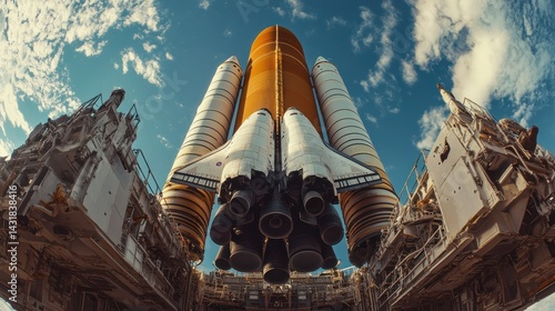 A view of a space shuttle on a launch pad, showcasing its engines and structure.