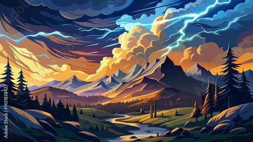 Lightning bolts strike across mountain ridges under dramatic storm clouds, capturing the power and beauty of nature during a thunderstorm over a forested landscape