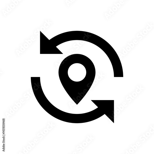Location pin icon with circular arrows indicating refresh or update on a white background design element