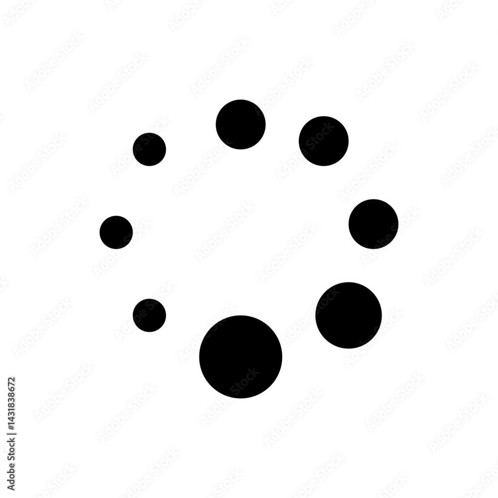 Black circles of varying sizes arranged in a circular pattern against a white background creating a loading icon Black circles of varying sizes arranged in a circular pattern against a white background creating a loading icon
