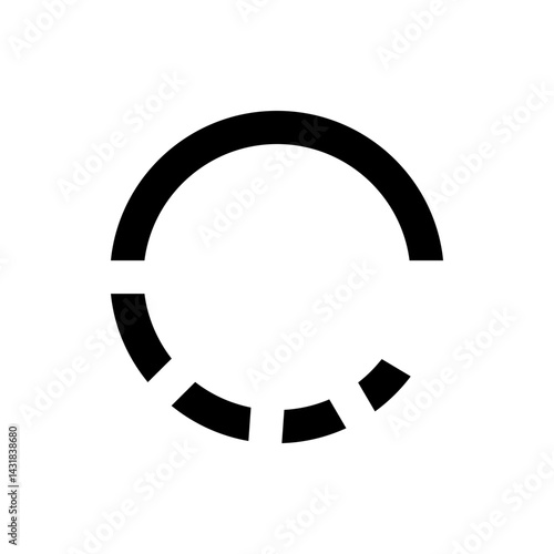 A black partial circle with dashed segments on the bottom half isolated on a white plain background