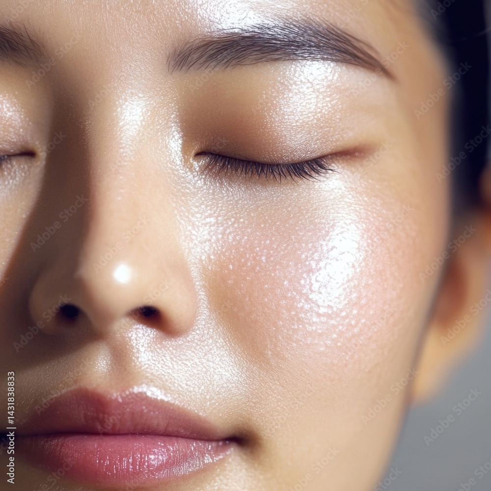 Fototapeta premium Natural beauty of a Korean woman captured in bright studio lighting, highlighting her glowing complexion and detailed facial features with a focus on skin texture