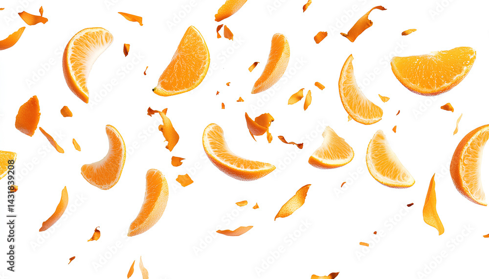 Fototapeta premium Falling orange slices. isolated on a white background. Fresh ripe oranges flying. Orange with cut in half pieces of fresh oranges, flying isolated on white background