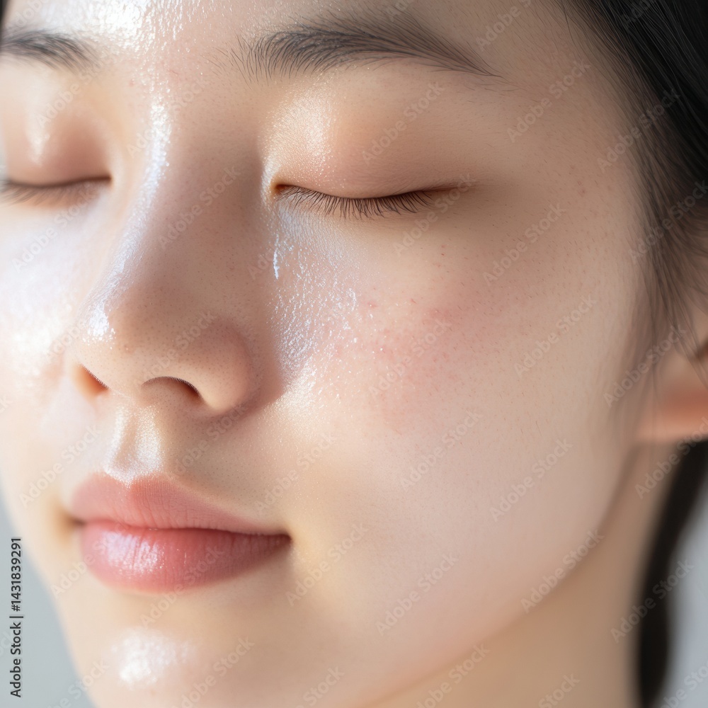 Fototapeta premium Natural beauty highlighted by bright studio lighting, showcasing skin texture and glowing complexion of a Korean woman with a radiant expression