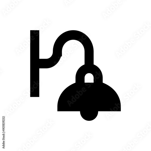 Illustration of a black wall mounted light fixture with a curved arm and bell shaped shade design