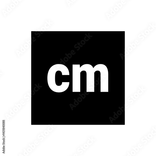 White cm letters on a black square background indicating centimeters measurement unit representation format