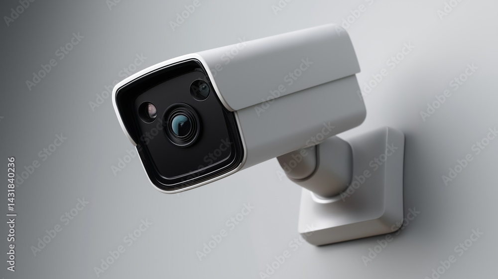 Modern white security camera mounted on a gray wall for surveillance monitoring.
Modern white security camera mounted on a gray wall for surveillance monitoring.