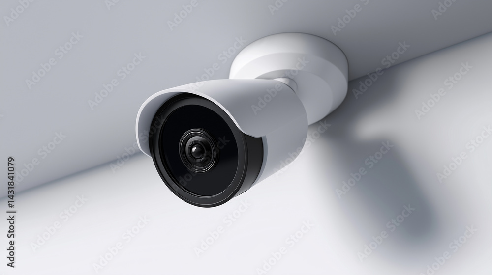 Fototapeta premium Modern security camera mounted on a white wall in a minimalist indoor setting. 