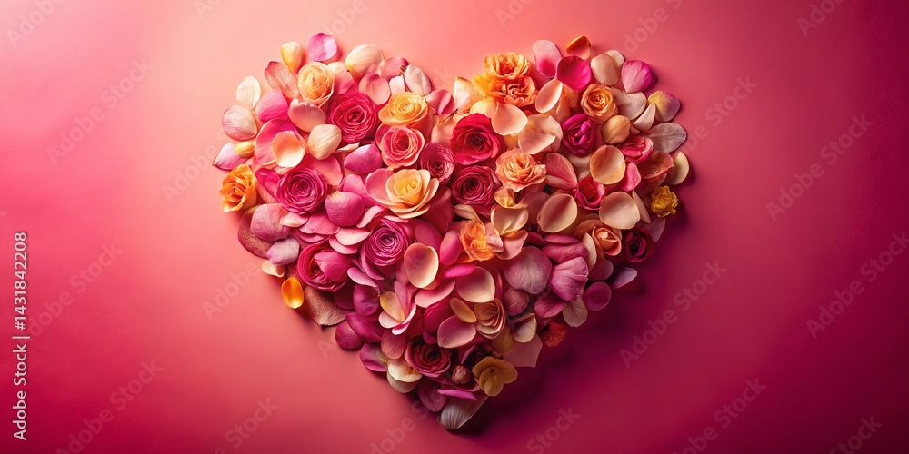 Obraz premium Romantic Heart Shaped Edible Flower Petal Arrangement, Gradient Colors, Valentine's Day, Food Photography