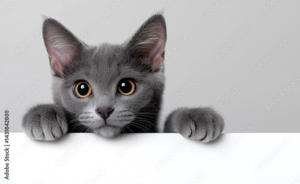 Cat, kitten, grey feline with big eyes peeking over white surface against neutral background.
Cat, kitten, grey feline with big eyes peeking over white surface against neutral background.