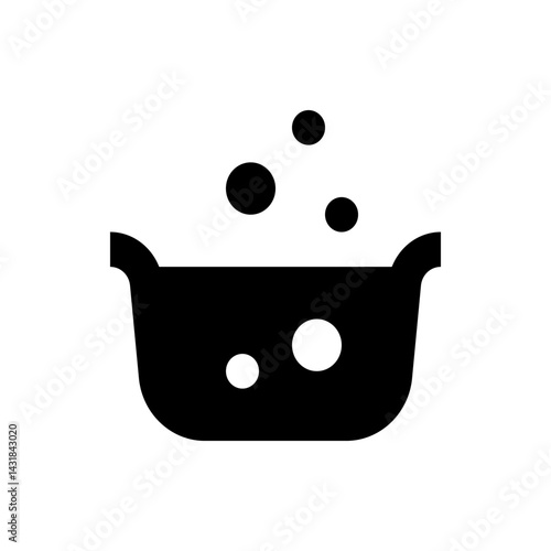 Black cauldron with bubbles rising, featuring two handles and a rounded base, simple black and white design