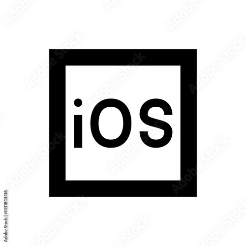 Ios text inside a black square frame on a white background representing apple operating system design is shown