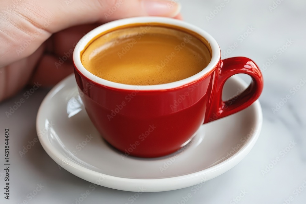 Enjoying a hot espresso in a red cup on a white saucer at a cozy coffee shop Enjoying a hot espresso in a red cup on a white saucer at a cozy coffee shop