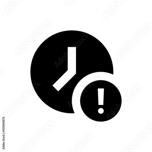 Black clock with white hands showing the time and black exclamation mark in a circle icon warning