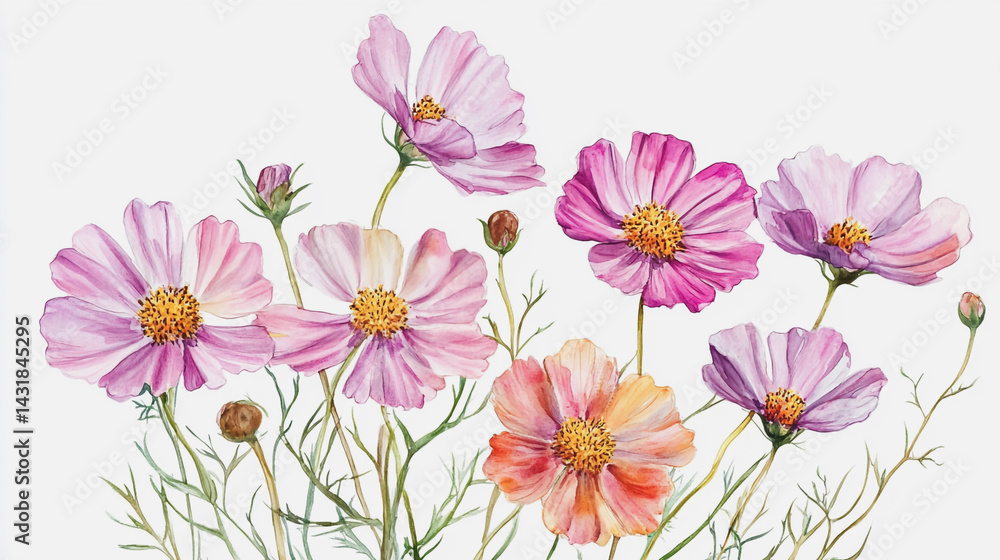 Obraz premium Elegant wedding invitation card background . Minimal hand painted watercolor Cosmos flowers texture template background. Design for wedding, vip cover, poster, rsvp moderncard.Valentine's Day