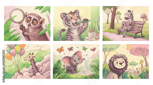 A bright set of children's illustrations with images of their favorite animals: a mighty lion, a good-natured elephant, a colorful zebra, a graceful tiger, a funny lemur and a tall giraffe