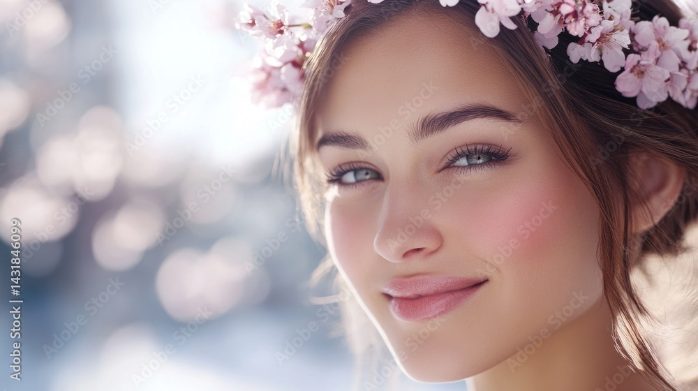 Radiant young woman adorned with a delicate cherry blossom crown. Radiant young woman adorned with a delicate cherry blossom crown.