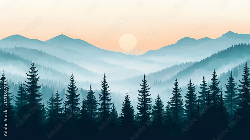 Obraz premium Serene sunset over misty mountain range, showcasing a dense evergreen forest in the foreground